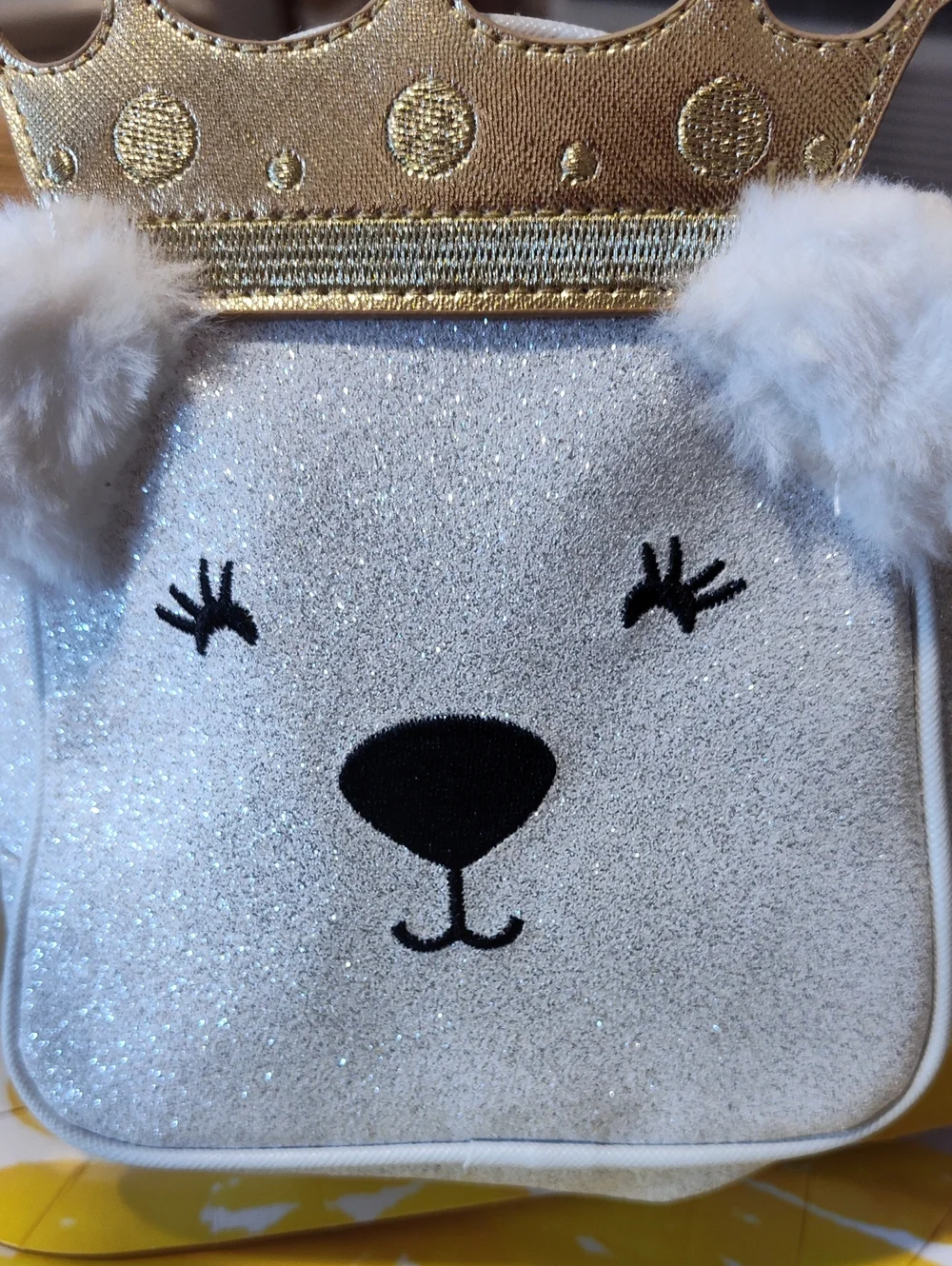 Bath & Body Works ROYAL POLAR BEAR GOLD CROWN cosmetic bag empty Fur / Glitter